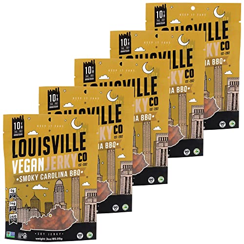 Louisville Vegan Jerky - Smoky Carolina BBQ, Vegetarian & Vegan-Friendly Jerky, 15 Grams of Non-GMO Soy Protein, 300 Calories Per Bag, Gluten-Free Ingredients (3 oz, 5-Pack)