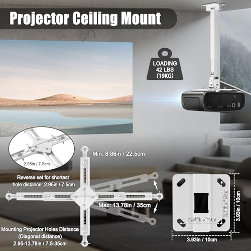 2-Be-Best Projector Mount 17-25.6\" - Upgraded Adjustable Mounting Bigger Max Load 42 LBS / 19KG White Projector Mount Compatible with Epson Benq and Other 3 or 4 Holes Projectors in Office Home