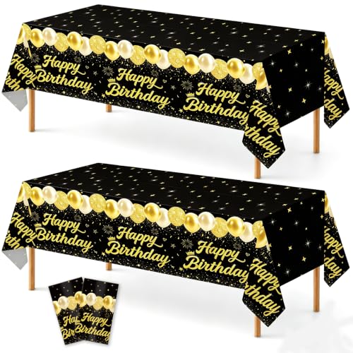 Image of 2 Pack Black and Gold Happy Birthday Tablecloths, 54 x 108 Inch Covers | Black and Gold Birthday Party Decorations for Men, Women and Teens, Ideal for Cake, Dessert, Gift and Buffet Tables
