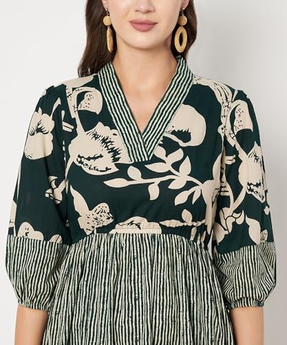 Image of PIDAVLIYA'S Women's Floral Summer Maxi Dress I Cotton Printed I One Piece Bodycon Midi Dress with V-Neck, Puffed Sleeves