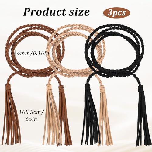 3 PCS Skinny Tassel Belts for Women Thin Braideds Belt Braided Bowknot Waist Rope Belts Boho Thin Belt Braided Stretch Chain for Skirt Dress2