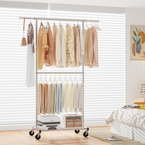 Simple Trending Standard Clothing Garment Rack, Rolling Clothes Organizer with Wheels and Bottom Shelves, Extendable, Chrome thumbnail 6