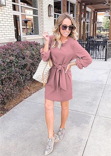Image of PRETTYGARDEN Womens Spring Elegant Long Lantern Sleeve Short Dress Wedding Guest Crewneck Tie Waist Knit Cocktail Dresses