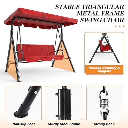 Image of GARTOO 3-Seat Patio Swing Chair, Outdoor Porch Swing with Adjustable Canopy and Durable Steel Frame for Patio, Garden, Poolside(Red)