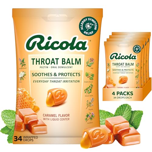 Ricola Throat Balm Caramel Flavor Herbal Throat Drops with Pectin to Coat & Protect Voice from Minor Irritation - 136 Count - Herbal Lozenges