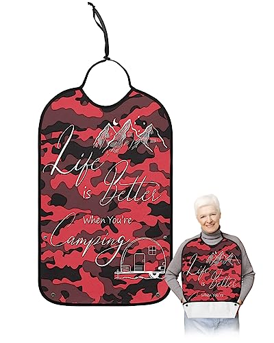 Red Camouflage RV Camping Truck Adult Bibs for Eating, Waterproof Bibs with Food Catcher & Adjustable Snap Closure, Mountain Travel Washable Clothing Protectors Adult Bibs for Elderly Women/Men