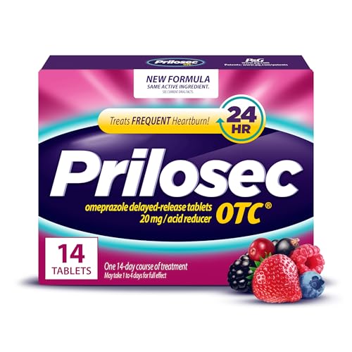 Prilosec OTC, Omeprazole Delayed Release 20mg, Acid Reducer, Treats Frequent Heartburn for 24 Hour Relief, All Day, All Night*, Heartburn Medicine, 20mg, Wildberry Flavor, 14 Tablets