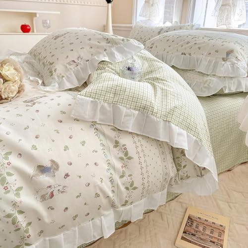 Image of LifeTB Botanical Floral Comforter Set Full Size Cute Flower Leaves Rabbit Pattern Comforter Reversible Green Plaid Comforter Girls Princess Bedding Set Lace Ruffle Comforter Set for Kids Teen Girls