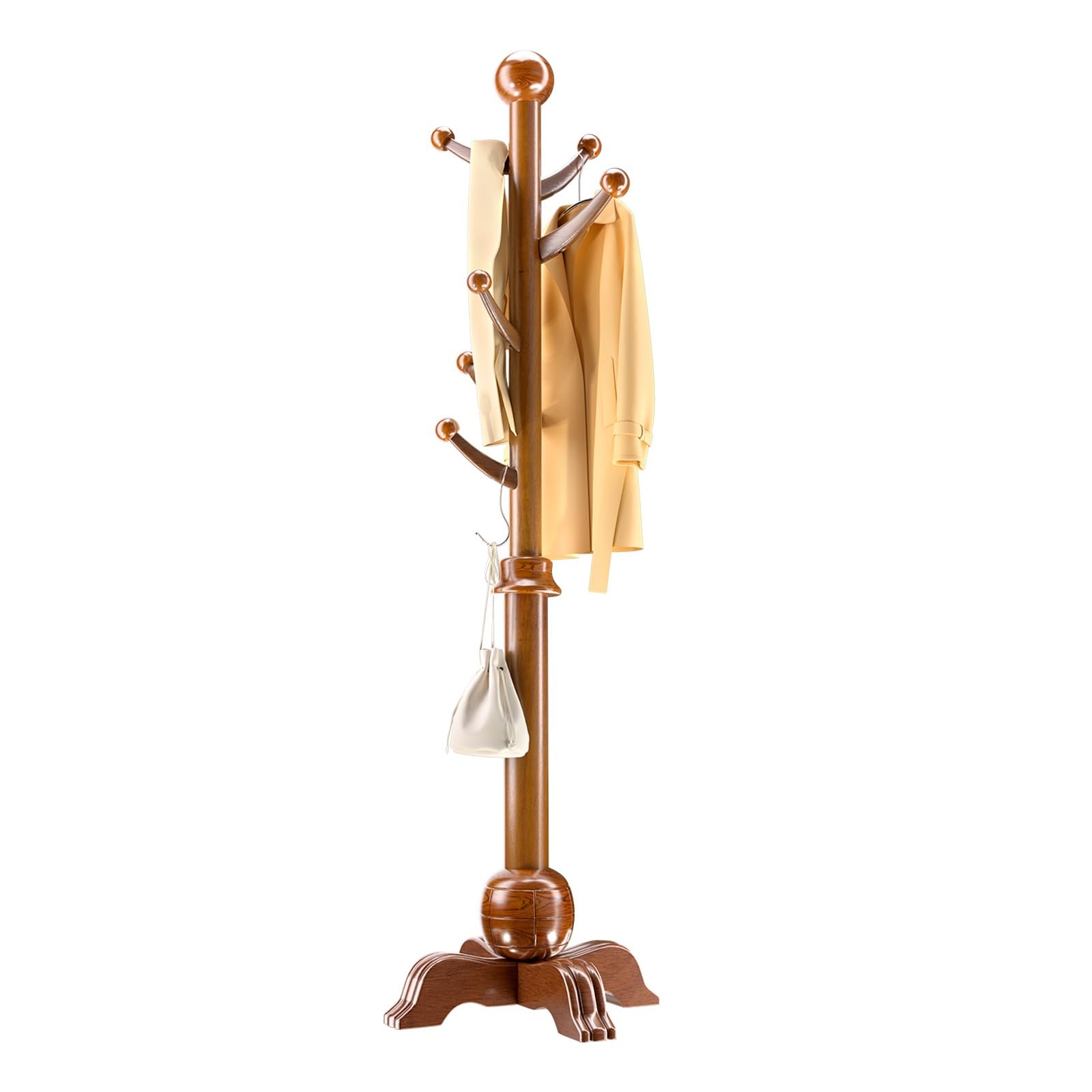 WPPTNSFY Solid Wood Coat Stand, 183cm Freestanding Hall Tree with 8 Hooks, 50kg Weight Capacity, Stable Four-Legged Base, for Hallway, Bedroom & Living Room 47×47x183 cm