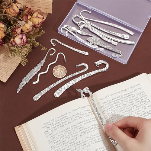 UNICRAFTALE 14pcs 14 Styles Tibetan Style Alloy Bookmarks Findings Antique Silver DIY Vintage Bookmark Unique Carved Hook Pendant Charm Book Marker with Loops for Book Lover DIY Project Gift - Image 2
