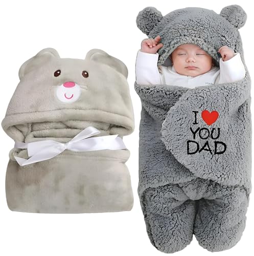 Image of Swissberry Baby Bedding Sets, Blankets Newborn Pack of Hooded Wrapper, Swaddler for Baby Boys and Girls, 0-6 Months, L 80 cm x B 80 cm, Pack of 2 pcs (Grey Mouse & Grey Dad)