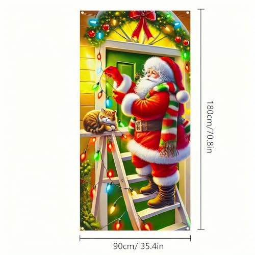 Image of BlissYard Christmas Door Cover Santa Ladder Cat 35x71 Inch Polyester