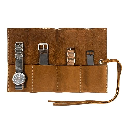 Hide & Drink, Full Grain Leather Watch Roll Organizer with 4 Slots, Storage Box, Jewelry Roll, Easy Carry On Watchlover Storage, Handmade Travel Case, Swayze Suede