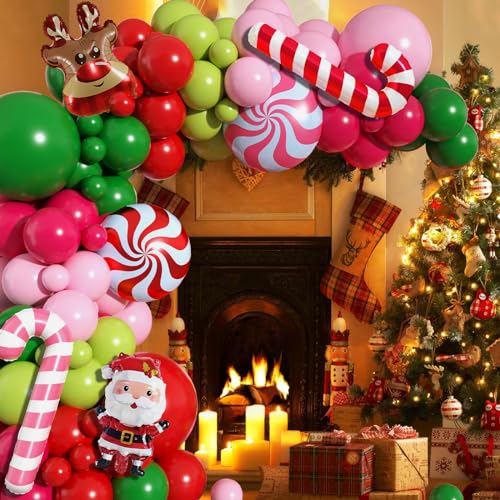 Image of Christmas Arch Kit, Red Pink Green Latex Balloon Garland for Xmas Party | Christmas Party Decorations with Red Pink Green Candy Crutch Balloon Garland for Holiday Celebrations and Seasonal Events