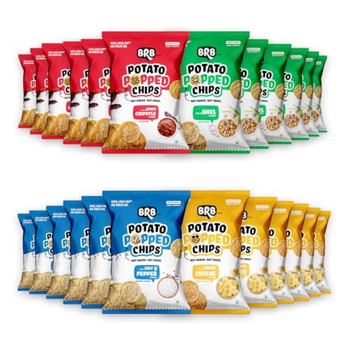 Image of BRB Popped Potato Chips | 4 Flavours - Bhel , Spicy Chipotle Flavour, Salt & Pepper, Pasta Cheese | Not Fried, Not Baked | 60% Less Oil, Lower Calorie, Healthy Snack | 24 x (48g /51g) Combo Pack (weight may vary)