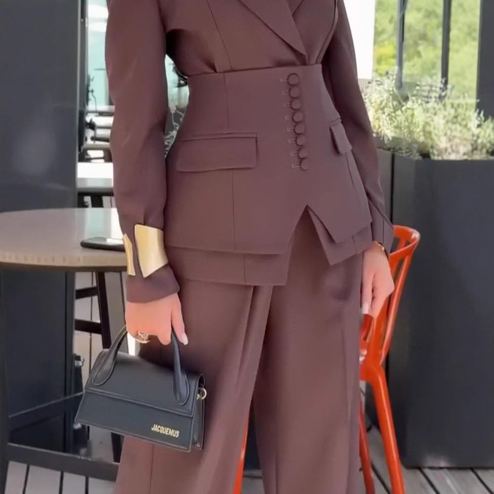 Kromoc Donna Due Pezzi Vestito Picco Risvolto Doppio Petto Bottoni Quotidiano Giacca Pantaloni Set Formale Smoking