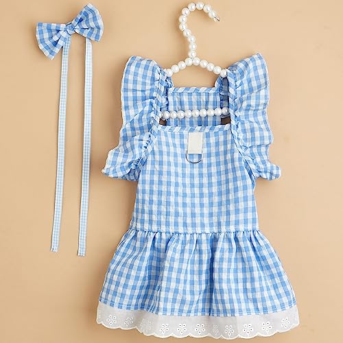Summer Pet Princess Dress, Soft Ruffled Sleeve Lace Hem Plaid Dress With Bow Headdress, Puppy Cat Apparel Clothes For Small Dogs Girl Blue Xl #TOP4