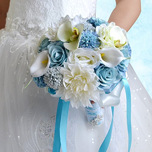Abbie Home Real Touch Calla Lily Dahlia Bridal Bouquets Crystal Light Blue Ribbon Beach Wedding Rose Flowers Décor (B Round Bouquet) #TOP4