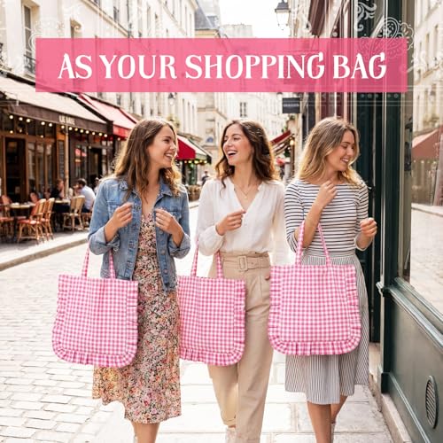 Bolso Tote Grande Rosa con Volantes y Cuadros miniatura 3