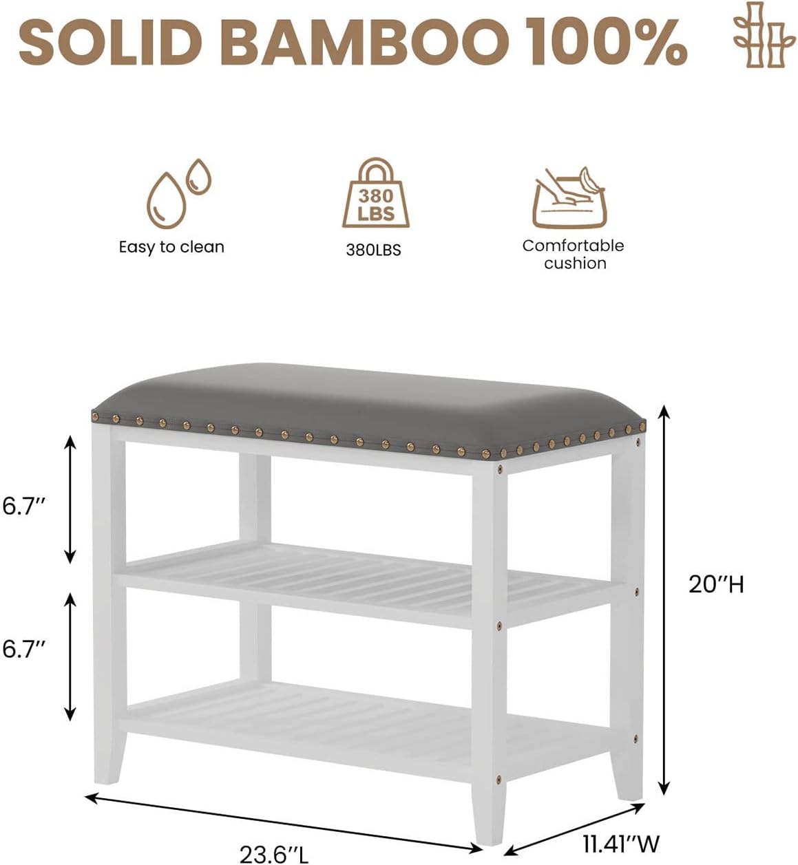 SEIRIONE Shoe Bench with Storage, Solid Bamboo Shoe Rack Bench, Shoe Storage Bench with Leather Cushion, 3 Tier Shoe Bench Entryway with Storage, Holds Up to 380 lb, 23.6 inch Wide, White
