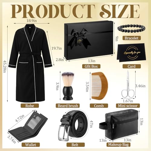Image of Shyyween 10 Pcs Birthday Gifts Baskets for Men Father Gift Get Well Soon Gifts Beard Care Set Graduation Gift for Him with Bathrobe, Wallet, Beard Comb & Brush Set for Dad Boyfriend Husband(Black)