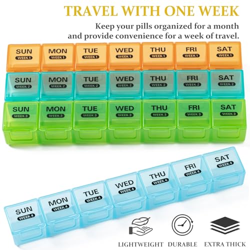 Image of Monthly Pill Organizer, 28 Day Pill Box 1 Time a Day with Dust-Proof Case, Large 4 Weeks a Month Pill Case Container, Daily Vitamin Case Box for Pills /Medicine /Fish Oil /Supplements(Colorful)