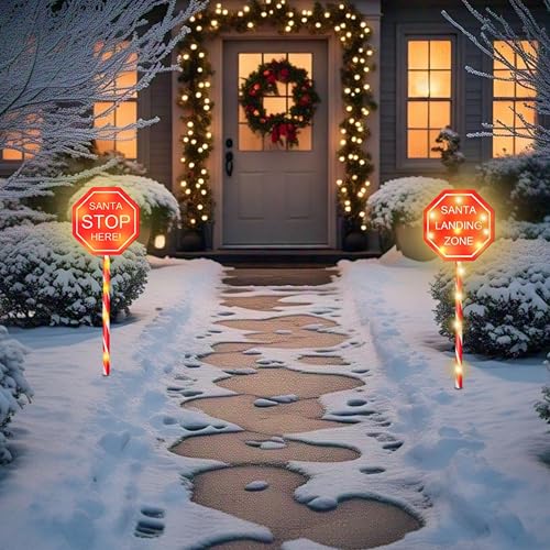 Image of ADEPTNA Set of 2 Christmas Light-Up Signs – Double-Sided Design Santa Stop Here & Santa Landing Zone with Ground Stakes – Battery Operated, Warm White LEDs, Waterproof, Timer Function