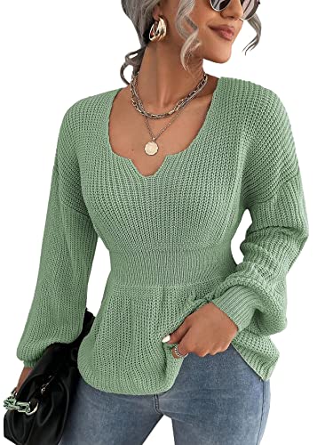 Image of Veatzaer Womens V Neck Sweaters Fall Trendy Casual Long Lantern Sleeve Ribbed Knit Pullover Sweater Tops
