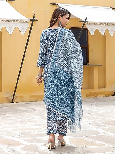 Image of GoSriKi Women's Cotton Blend Straight Printed Kurta with Pant & Dupatta