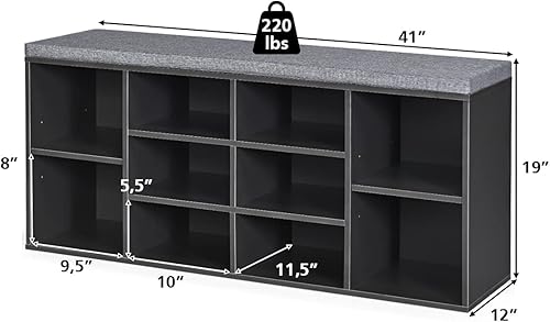 Miniatura 3 de DORTALA Banco de zapatos con cojines acolchados, armario de almacenamiento de 10 cubos con estantes ajustables, banco de almacenamiento de zapatos