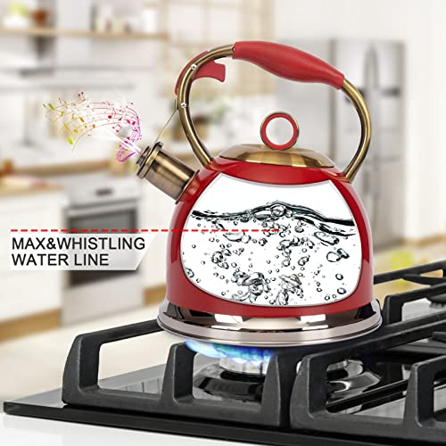 Tea Kettle, Stovetop Whistling Teapot, Stainless Steel, Red, 3.0-Quart - Thumbnail 4