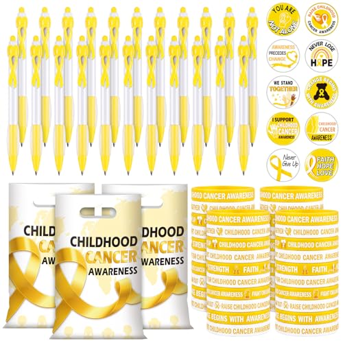 Supervitae 200 Pcs Childhood Cancer Awareness Accessories Include 50 Gold Ribbon Awareness Gift Bags 50 Childhood Cancer Wristband 50 Pen 50 Prevention Button Pin for Campaign Support Supplies