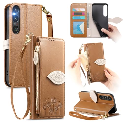 MOJIA Coque pour Sony Xperia 1 V, Étui Portefeuille en Cuir PU avec Motif Pissenlit, Porte-Cartes, Poche Zippée et Dragonne. Brown