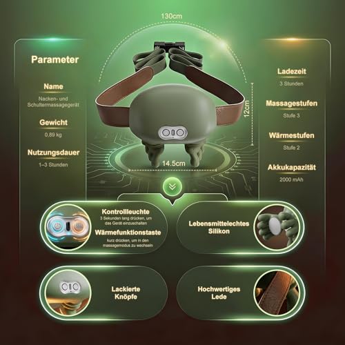 Massagegerät, 4D Nackenmassagegerät mit Wärme, Tragbares Nacken, 3 Modi und 2 Heizstufen, USB Elektrische, Entspannt die Muskeln und lindert Müdigkeit, für Zuhause & Büro, Grün