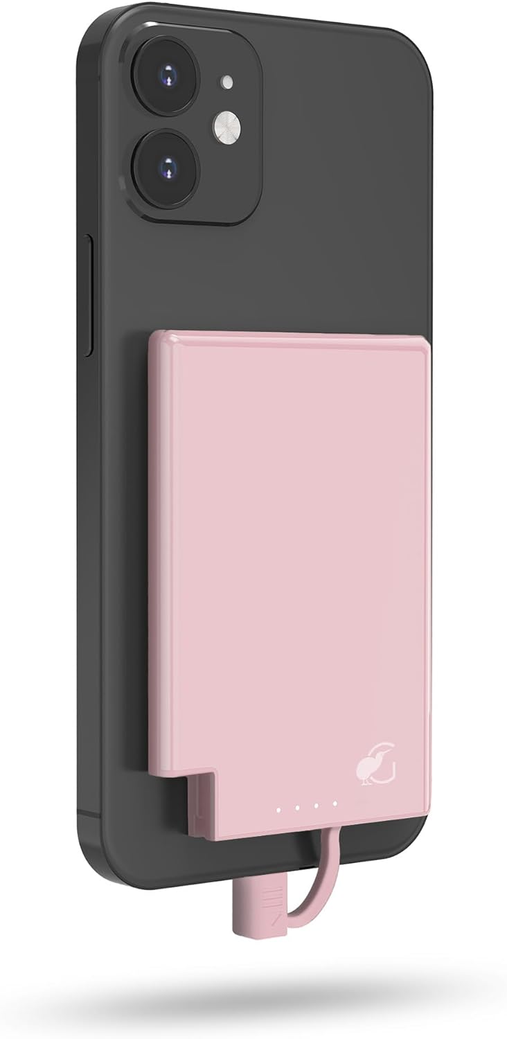 5000mAh Ultra-Slim Portable Charger, Magnetic Attached Power Bank, Built-in USB-C Cable, Compatible with iPhone 15, Android & USB C Devices, TSA Travel Flight-Approved, Lightweight (Rose)