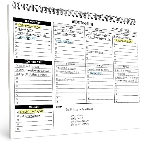 Weekly Planner To Do List Pad - 8.5x11" 52 Sheets Spiral - Desk Notepad with Multiple Sections - Undated Planning Notebook Checklist, Todo Agenda Plan Cover