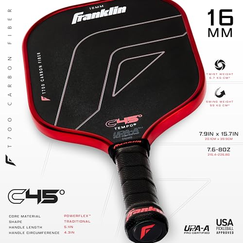 Franklin Sports PRO Pickleball Paddles – C45 Carbon Fiber Series - Official USAP + UPA Approved – Pro Player Design, TEMPO 16MM RED by Franklin Sports - Image 2