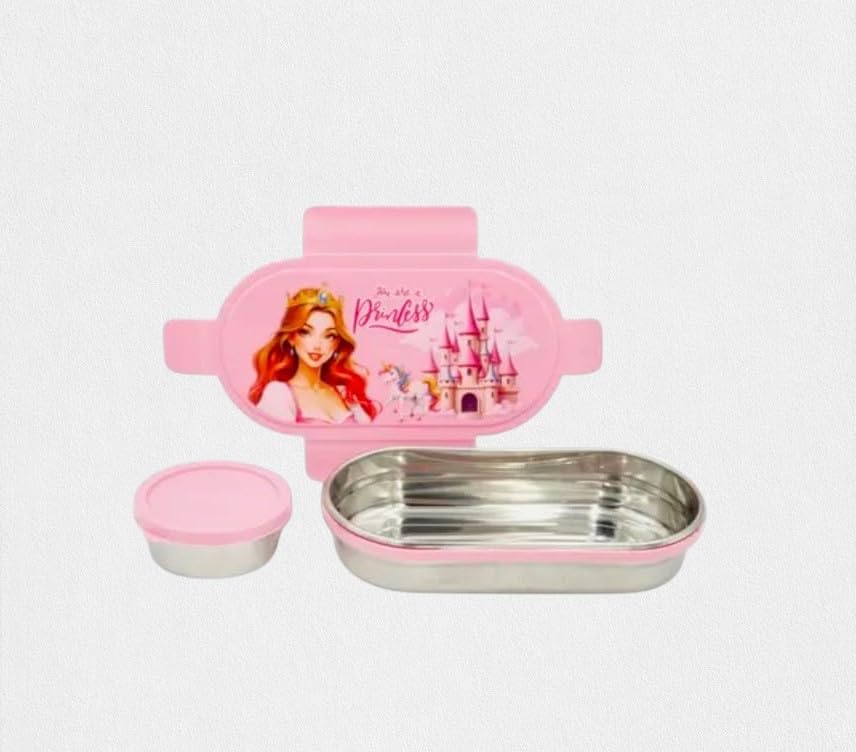 Image of BLAL BLALOval Stainless Steel Lunch Box with 1 Small Box Compact Design Airtight Leak Proof Lunch Box for Office, School, Picnic-600Ml+100Ml (Pink)