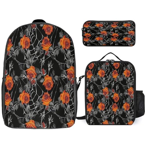 Spider Web Cobwebs Orange Rose Backpack Set 3 Pieces Backpacks Lunch Bag Wallet For Travel Outdoor Sports