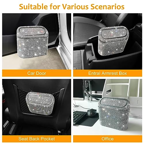 Image of Accmor Bling Car Trash Can with 30pcs Garbage Bags, Vehicle Trash Bin with Lid Auto Dustbin Organizer Garbage Storage, Sparkling Crystal Mini Trash Container Holder