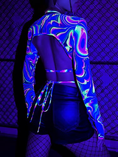 GORGLITTER Women's Y2K Reflective Rave Super Crop Tops Mesh Long Sleeve Graphic Festival Tee Top4