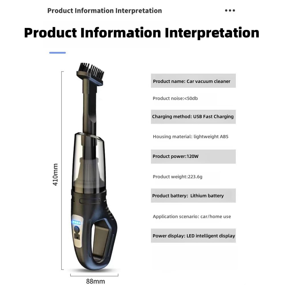 BsrFirst Handheld Cordless Vacuum Cleaner, Portable Vacuum Cleaner, Car Vacuum Cleaner with LED Light and Battery Display, Strong Suction Power for Car/Home/Office (Black)