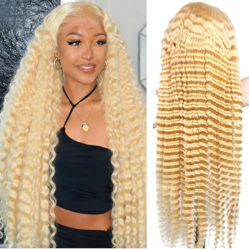 PT.Venus 28 Inch 613 13x4 Lace Front Wig Human Hair 180% Density Blonde Deep Wave HD Lace Frontal Wig Human Hair Blonde Curly Wig Human Hair Pre Plucked With Baby Hair for Women