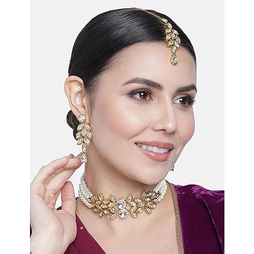 Image of Peora Gold Plated Bridal Crystal Pearl Choker Necklace with Drop Earrings Traditional Jewellery Set for Women