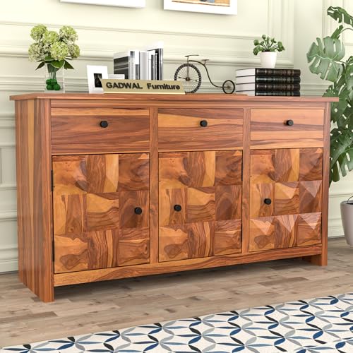 Image of Solid Sheesham Wood Wooden Sideboard Storage Cabinet & Chest of Drawer : Ideal for Living Room and Bedroom with 3 Drawers and 3-Shelf Storage (Morse, Honey Finish)