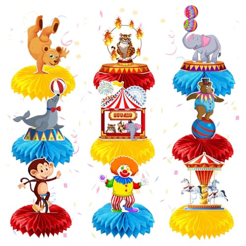 MFCGHXR Decoração de mesa 3D para festa temática de circo, 9 peças com animais e palhaço, ornamentos festivos para aniversários e eventos, reutilizáveis, tamanho 19 x 15 cm