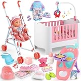 Baby Doll Crib and Stroller Accessories Play Set with 11' Baby Doll,Dining Chair,24 PCS Dolls Accessories and 2 Sets Clothes,Realistic Pretend Play for Girls Kids 3-5 4-6 5-7 Year Gifts