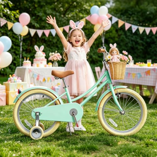 Image of Glaf 12 14 16 18 20 24 Inch Girls Bike with Training Wheels /Kickstand Kids Bike for 2-15 Years Old Toddler Girls Bicycle with Basket, Beach Cruiser Girls Bike