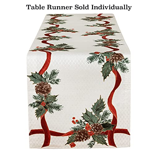 Lintex Evergreen Garland Double Ribbon Bordered Cottage Christmas Tablecloth, Holly And Pine Cone Country Xmas Holiday Easy Care Fabric Tablecloth, 60 Inch X 84 Inch Oblong/Rectangle #TOP7
