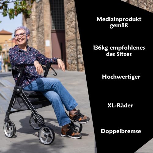 Carlett – Lett Ride | Rollator mit abnehmbarem Sitz und Rückenlehne | Abnehmbarer Korb | 4-fach höhenverstellbarer Lenker | Gehstockhalterung | Medizinprodukt der Klasse I | Ruby